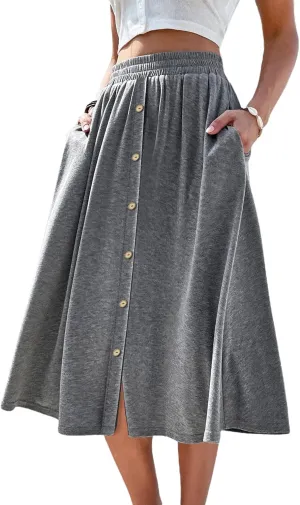 Avanova Women Button Down Flare Midi Skirt High Waisted A Line Flowy Skirt