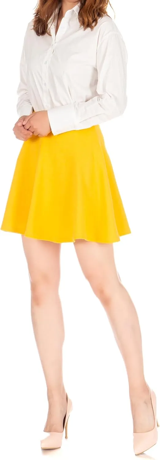 Basic Solid Stretchy Cotton High Waist A-line Flared Casual Skater Mini Skirt