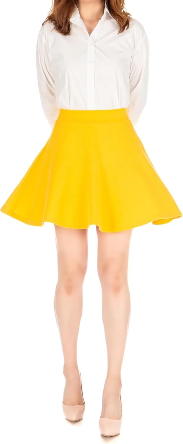Basic Solid Stretchy Cotton High Waist A-line Flared Casual Skater Mini Skirt