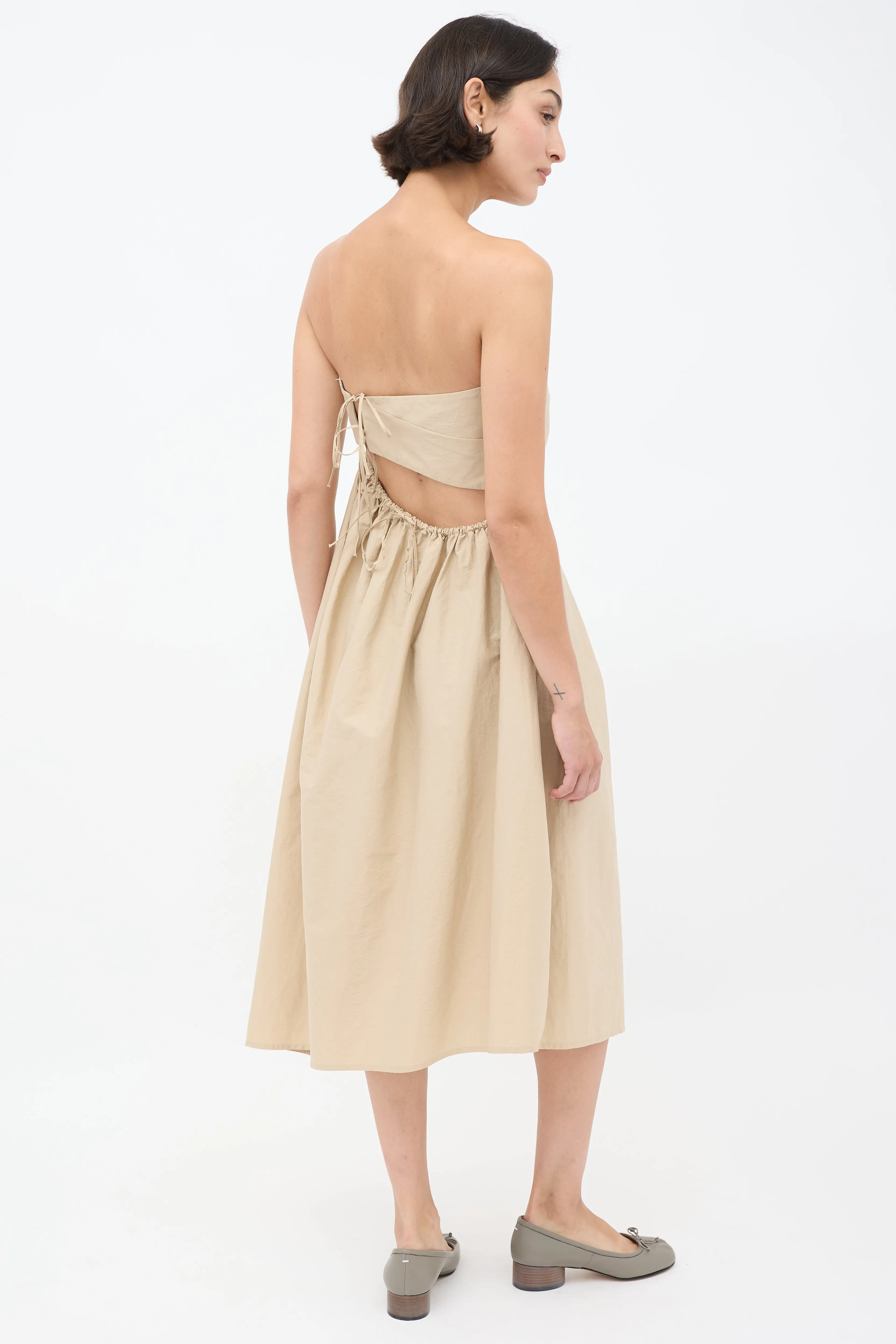 Beige Strapless A-Line Midi Dress