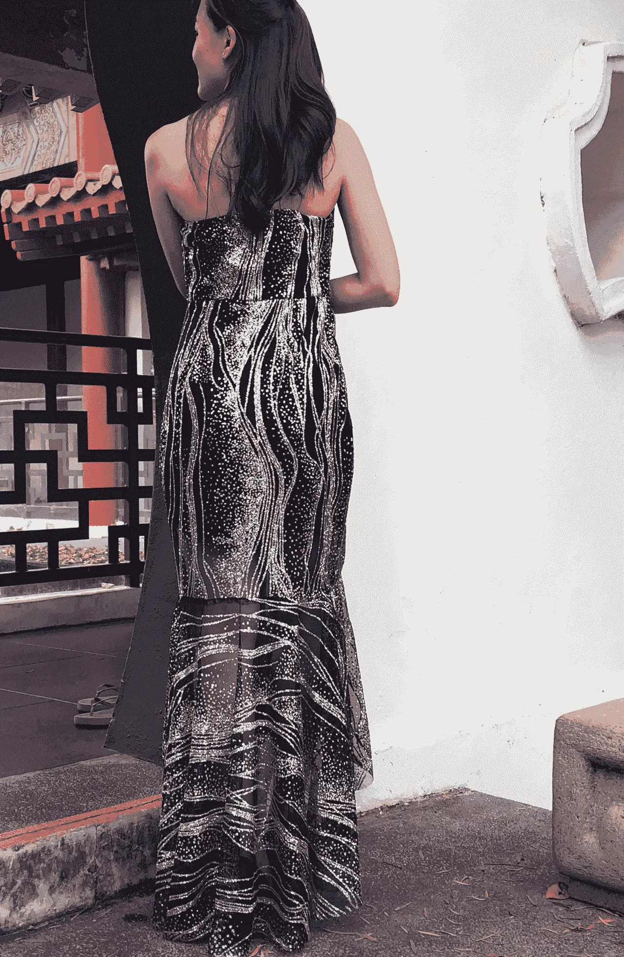 Black Sweetheart Strapless Tube Sparkly Maxi Fishtail Dress Gown with Silver Glitter