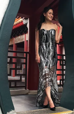 Black Sweetheart Strapless Tube Sparkly Maxi Fishtail Dress Gown with Silver Glitter