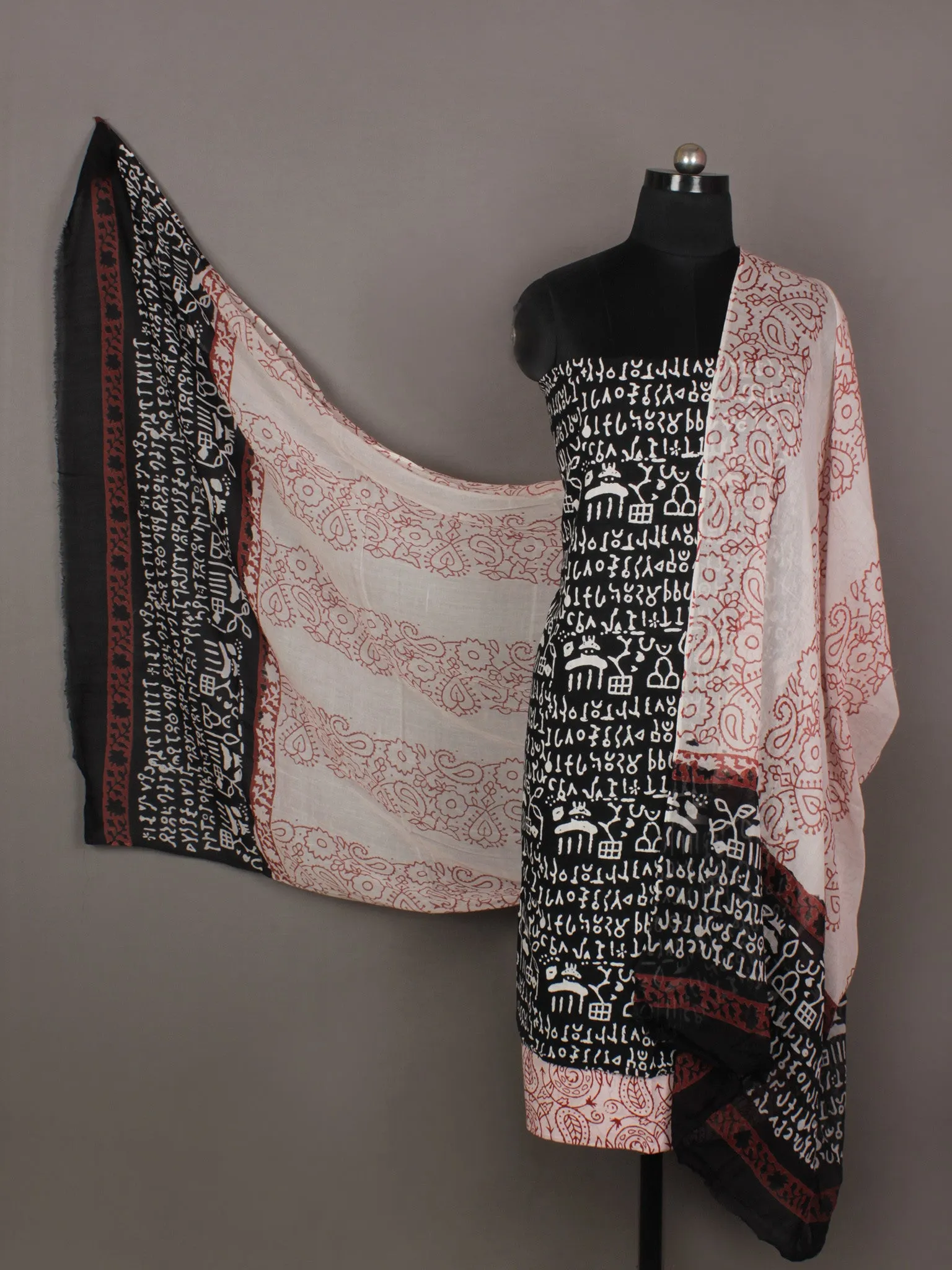 Black White Maroon Ivory Hand Block Printed Cotton Suit-Salwar Fabric With Cotton Dupatta - S1628195