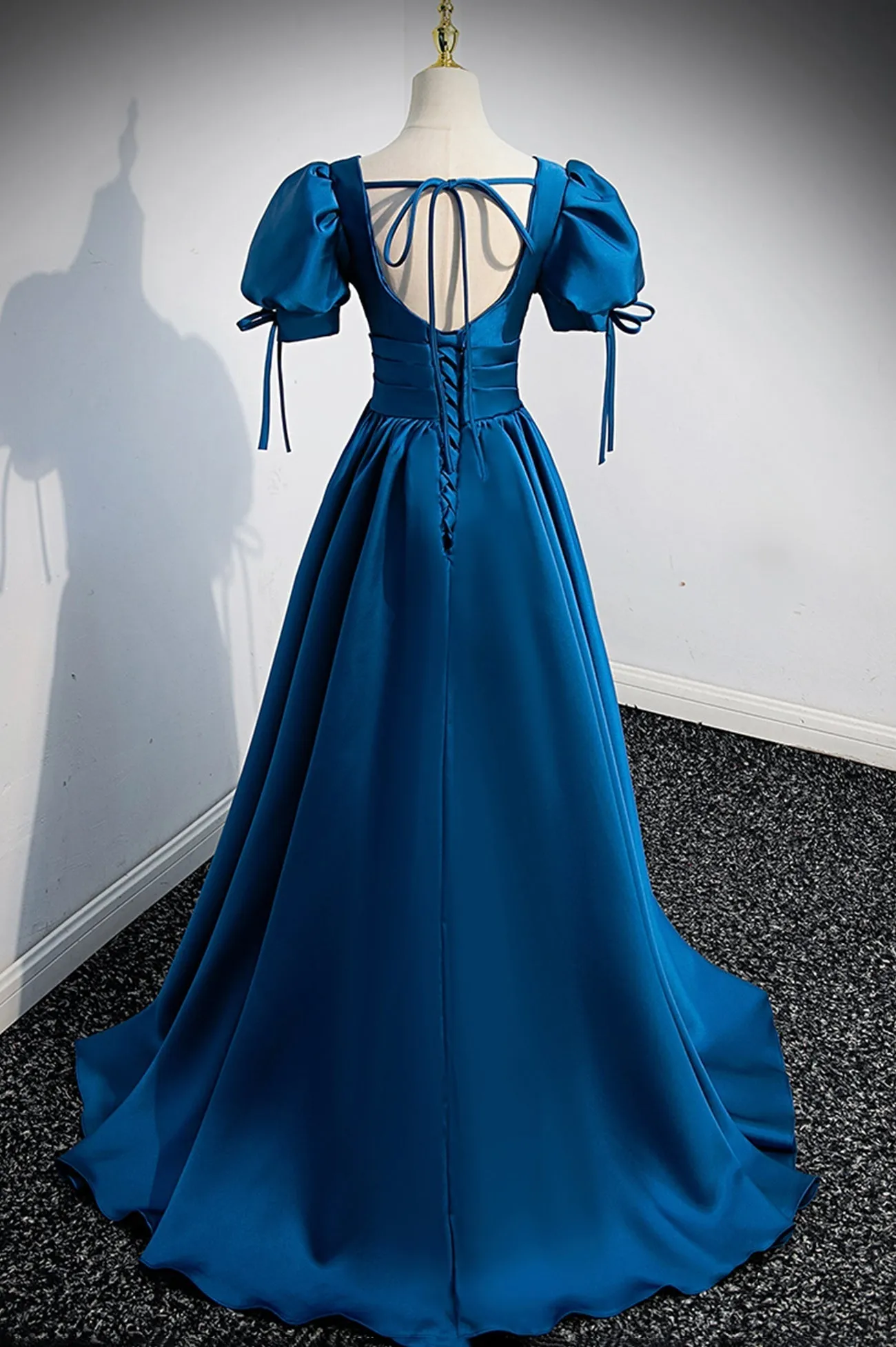 Blue V-Neck Satin Long Prom Dress Simple A-Line Evening Dress