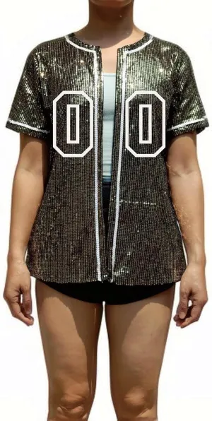 Custom Name Number Women's Bling Sequin Baseball Cardigan Jersey Top