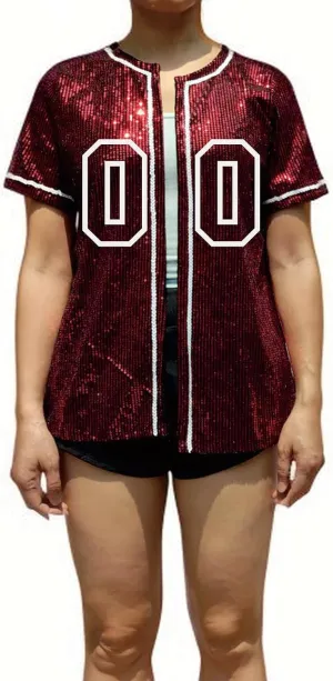 Custom Name Number Women's Bling Sequin Baseball Cardigan Jersey Top