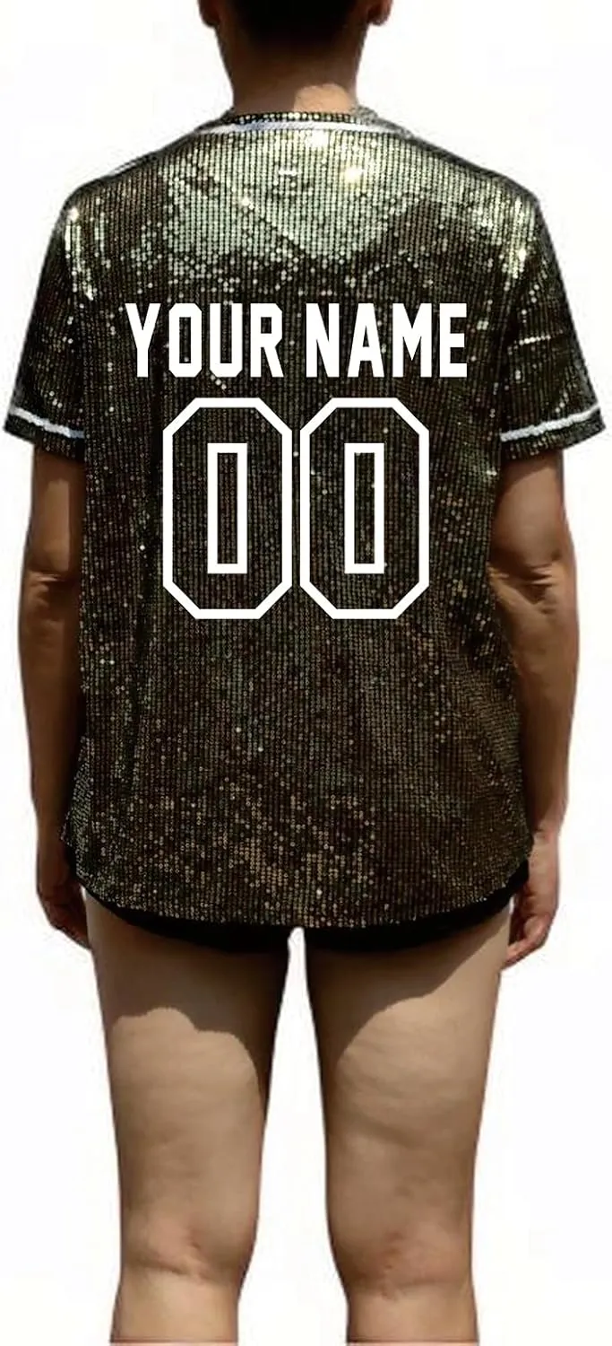 Custom Name Number Women's Bling Sequin Baseball Cardigan Jersey Top