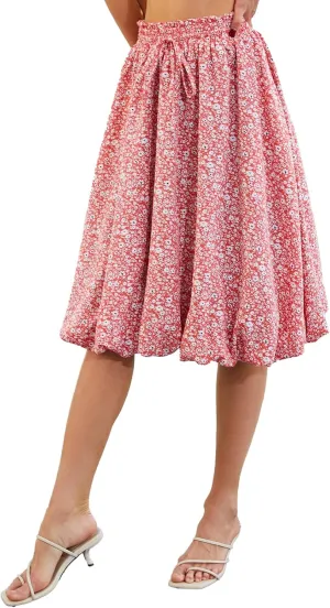 Elegant mid Length Skirt Elastic Waist Floral Bohemian Design for Women Summer Versatile Little Fresh Pompon Bouffant Skirts