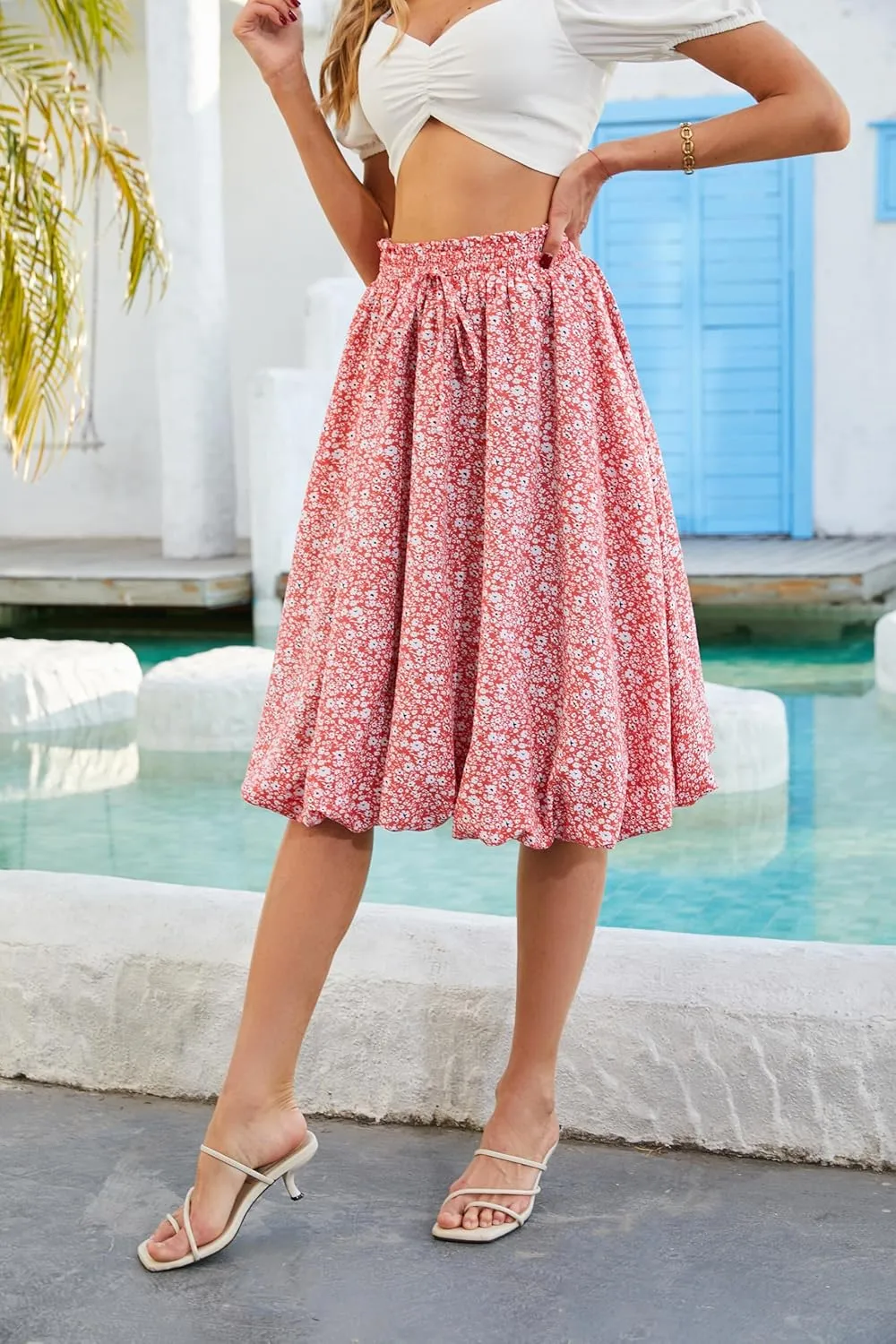 Elegant mid Length Skirt Elastic Waist Floral Bohemian Design for Women Summer Versatile Little Fresh Pompon Bouffant Skirts