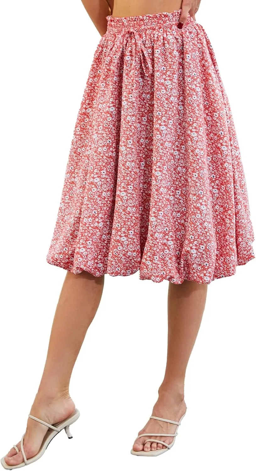 Elegant mid Length Skirt Elastic Waist Floral Bohemian Design for Women Summer Versatile Little Fresh Pompon Bouffant Skirts