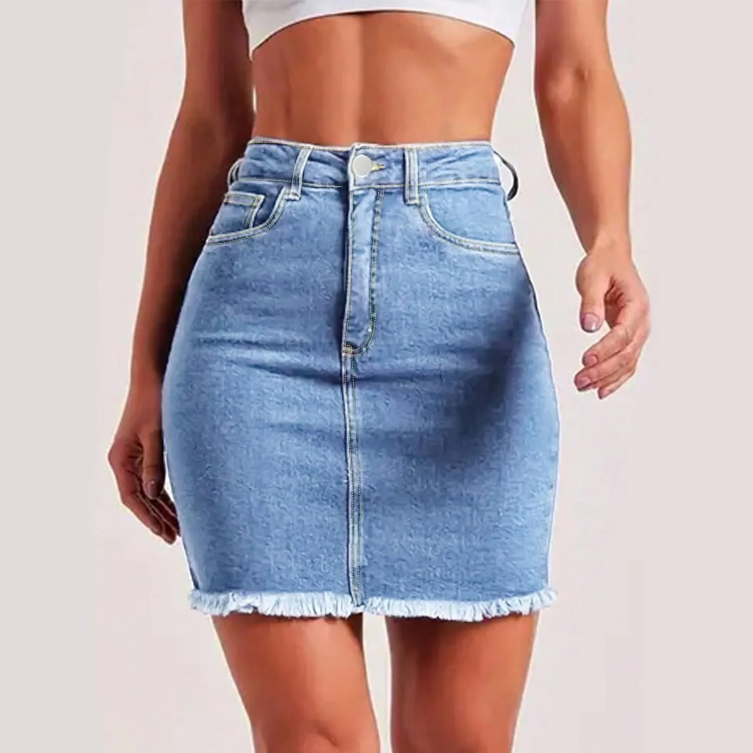 fanmpghleoo Denim Skirts for Women Short Frayed Hem Curvy Pencil Skirt High Waisted Summer Casual Jean Skirts with Pockets