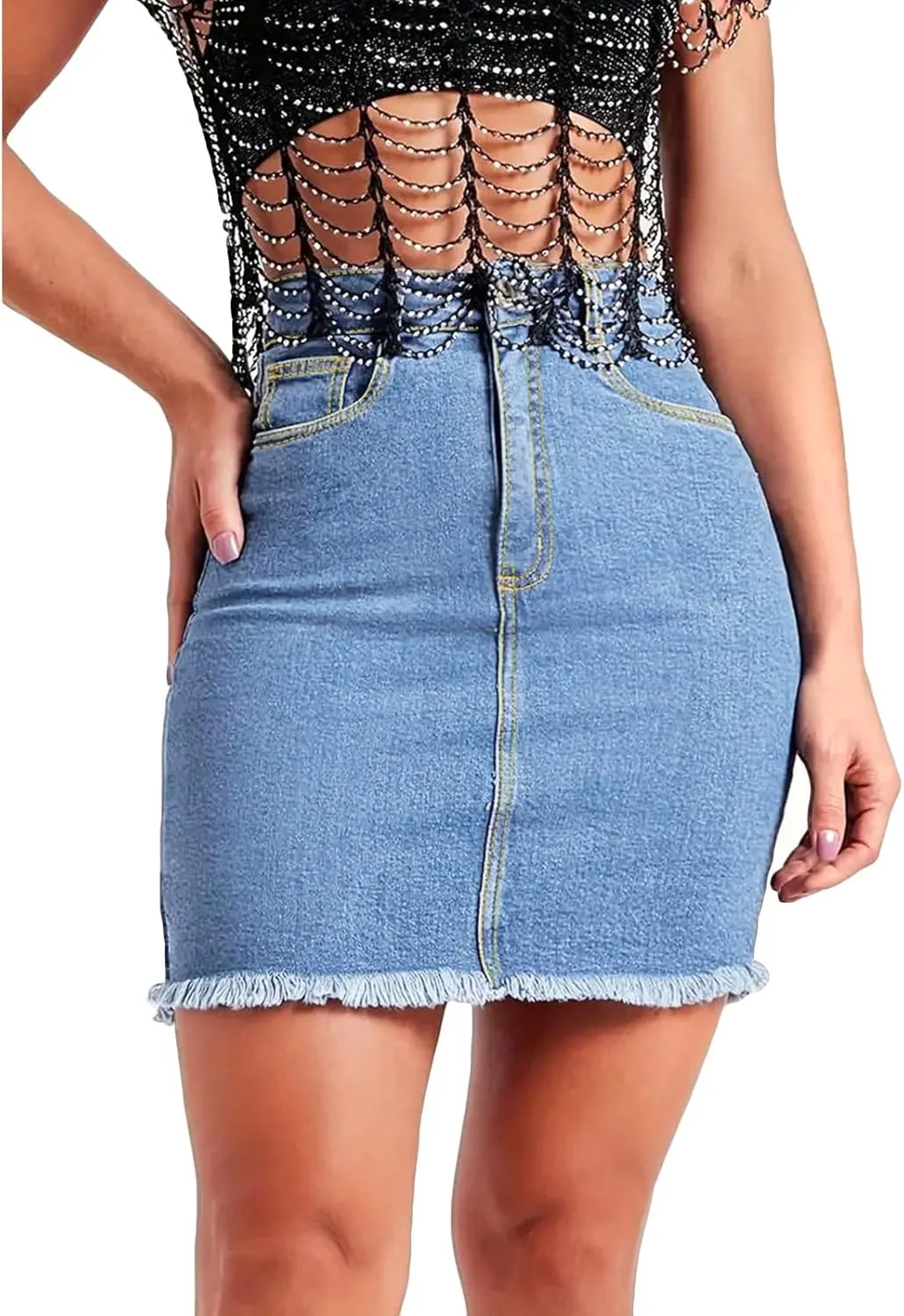 fanmpghleoo Denim Skirts for Women Short Frayed Hem Curvy Pencil Skirt High Waisted Summer Casual Jean Skirts with Pockets