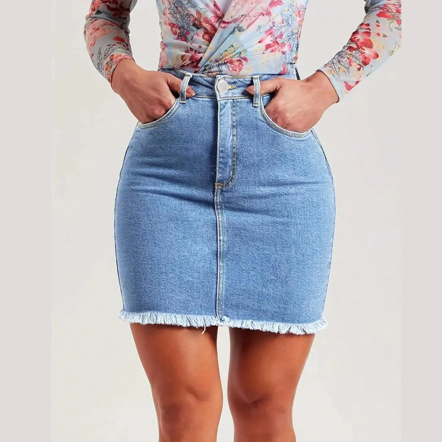 fanmpghleoo Denim Skirts for Women Short Frayed Hem Curvy Pencil Skirt High Waisted Summer Casual Jean Skirts with Pockets