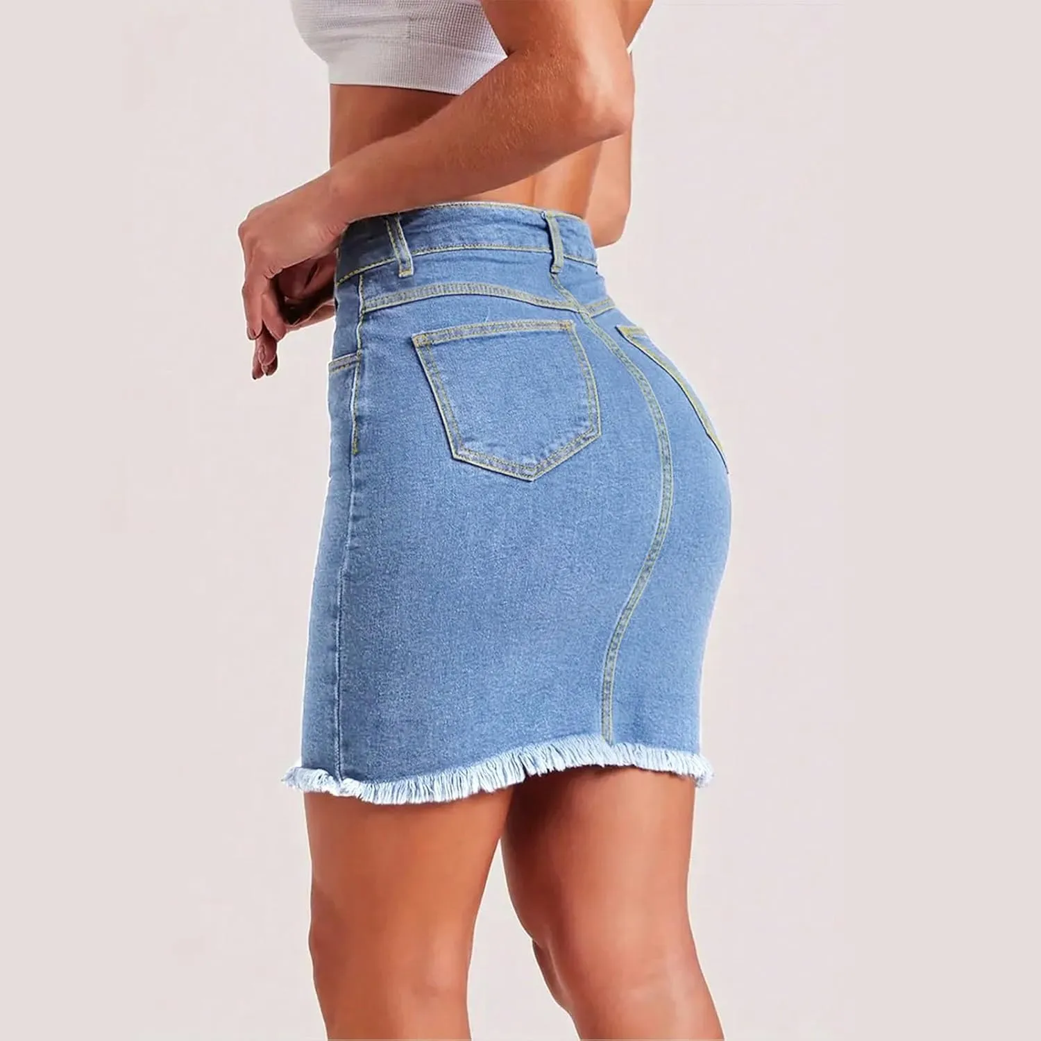fanmpghleoo Denim Skirts for Women Short Frayed Hem Curvy Pencil Skirt High Waisted Summer Casual Jean Skirts with Pockets