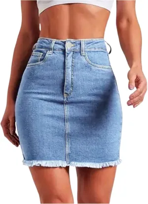 fanmpghleoo Denim Skirts for Women Short Frayed Hem Curvy Pencil Skirt High Waisted Summer Casual Jean Skirts with Pockets