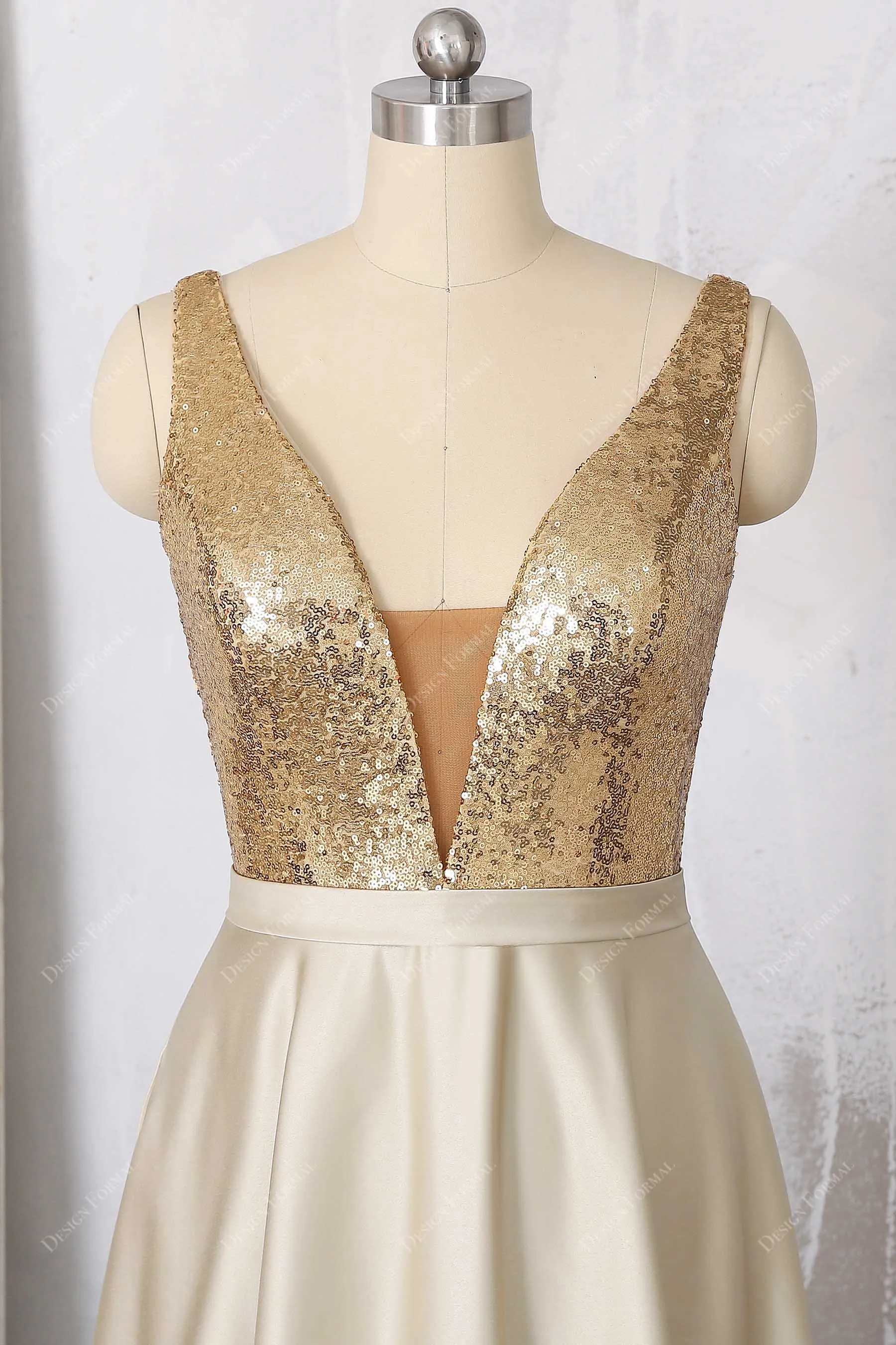 Gold Sequin Champagne Satin Plunging Neck Long A-line Dress