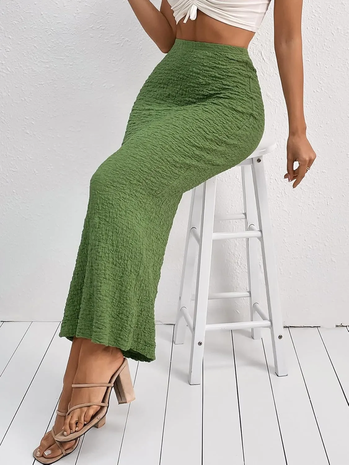 GORGLITTER Women's High Waisted Long Pencil Skirts Ribbed Knit Flowy Bodycon Maxi Skirt