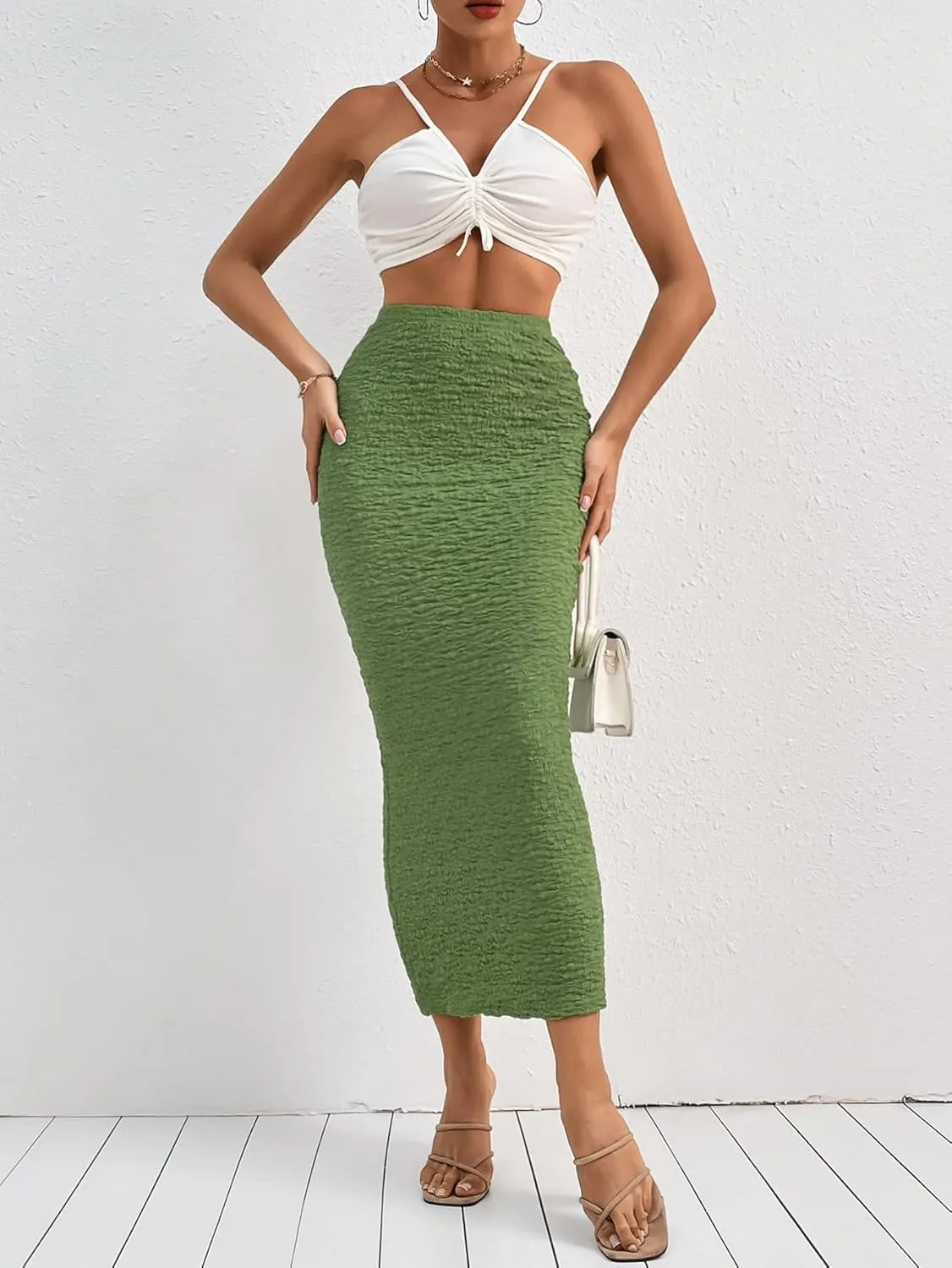 GORGLITTER Women's High Waisted Long Pencil Skirts Ribbed Knit Flowy Bodycon Maxi Skirt