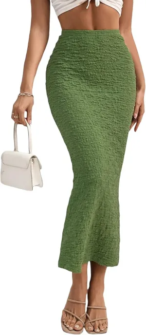 GORGLITTER Women's High Waisted Long Pencil Skirts Ribbed Knit Flowy Bodycon Maxi Skirt