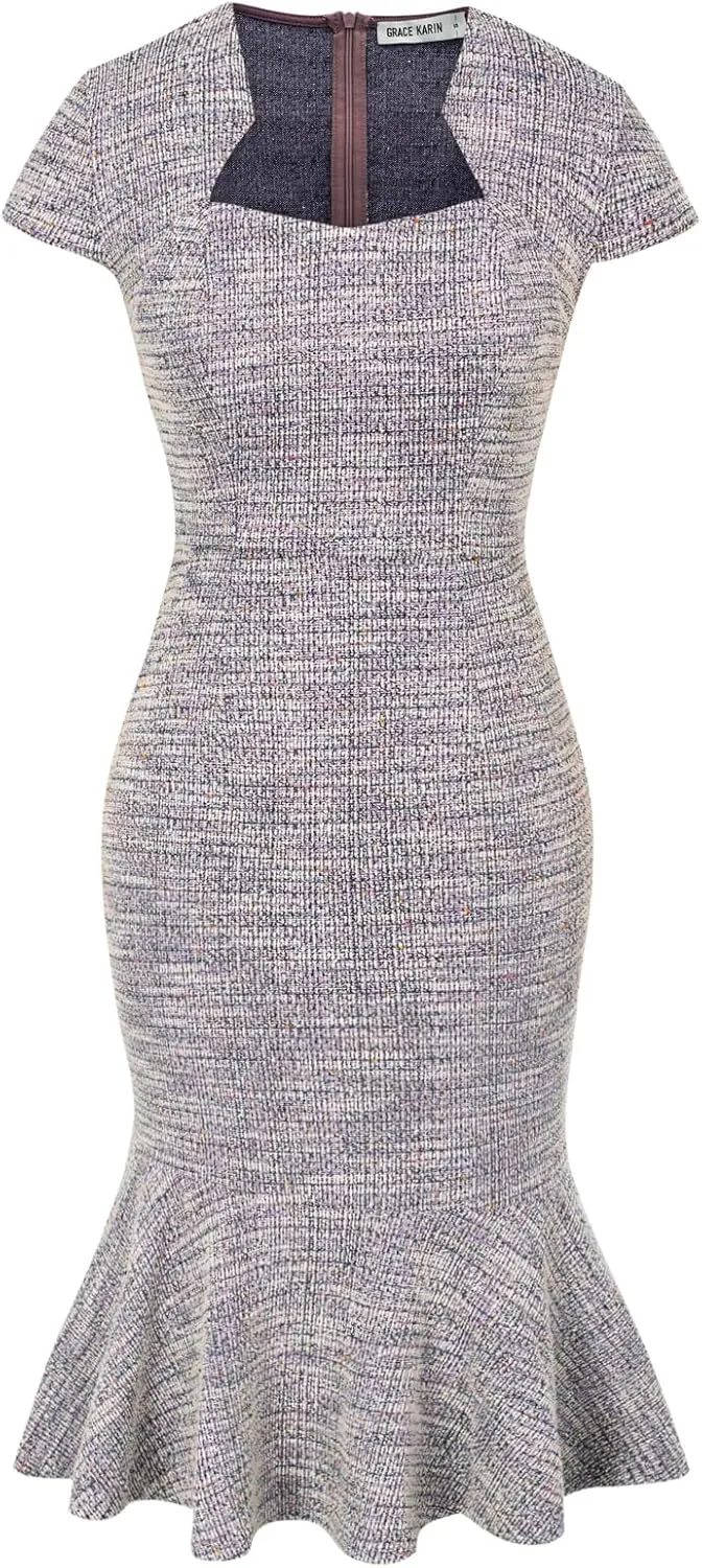 GRACE KARIN Womens Elegant Cap Sleeve Fishtail Tweed Cocktail Bodycon Dress
