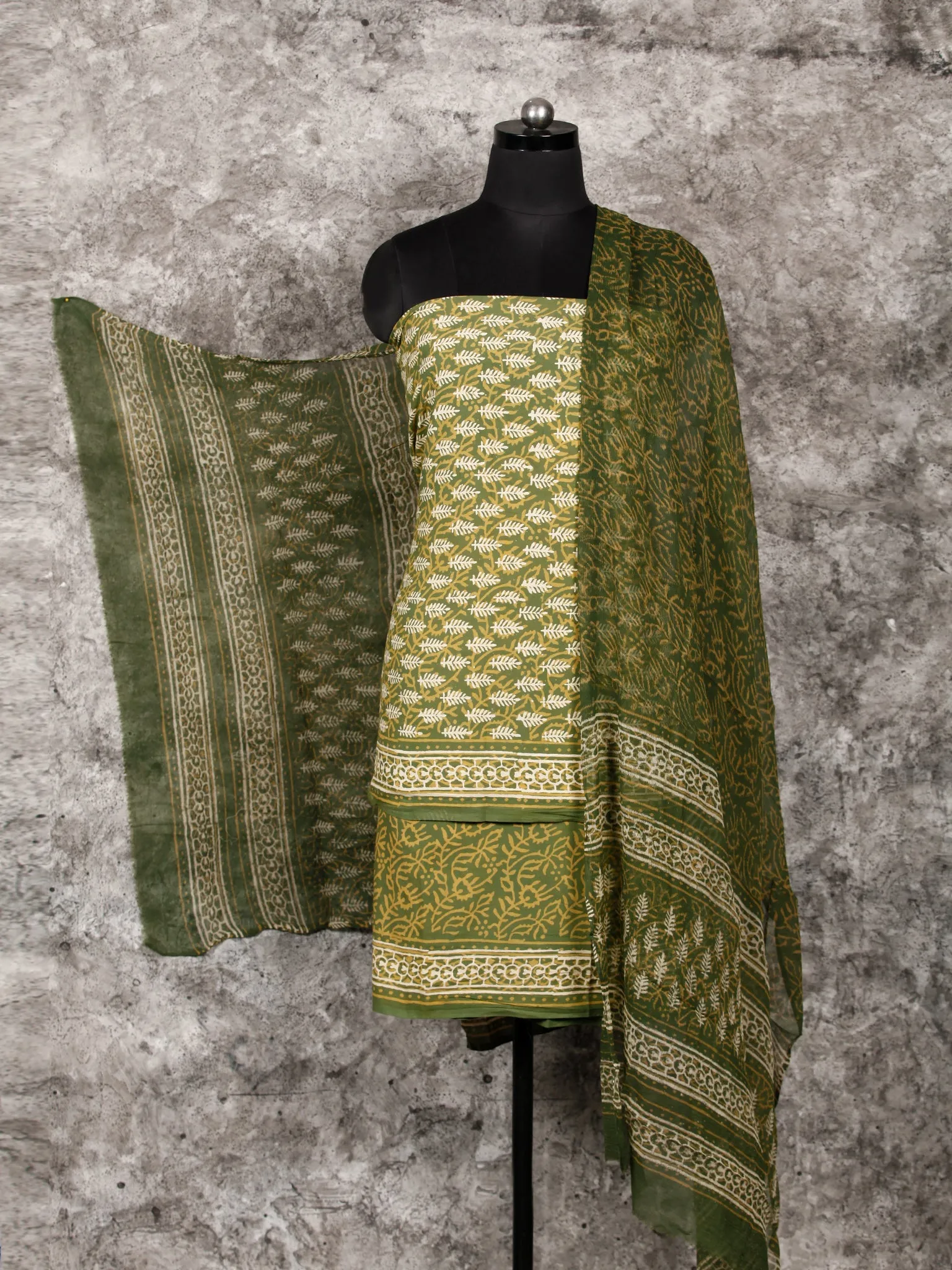 Green Ivory Hand Block Printed Cotton Suit-Salwar Fabric With Chiffon Dupatta (Set of 3) - SU01HB340