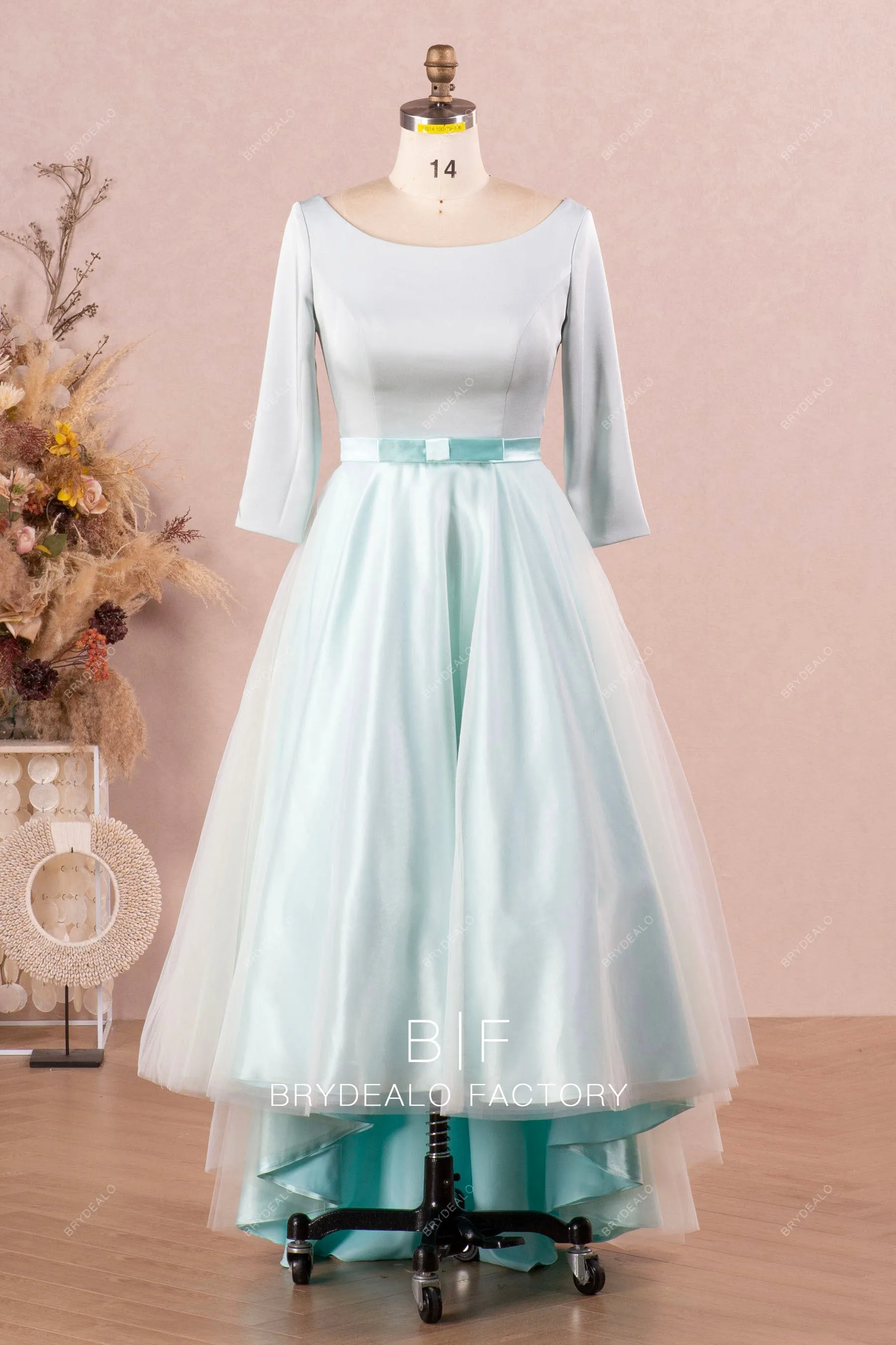 Ice Blue Satin 3/4 Sleeves Convertible Ball Gown Wedding Dress