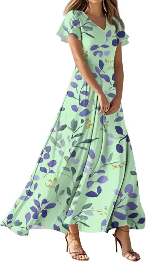 JJHAEVDY Summer Dresses for Women Loose Short Sleeve Dress V Neck Casual Maxi Dress Print Flowy Swing Beach Vacation Dress