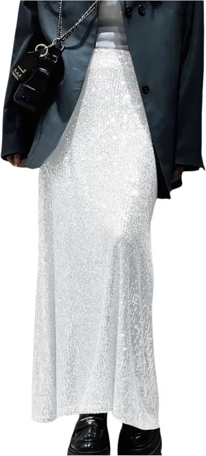 JUMISEE Womens Silver Sequin Midi Skirt Stretchy High Waist Long Skirt Glitter Pencil Skirt for Night Out Party