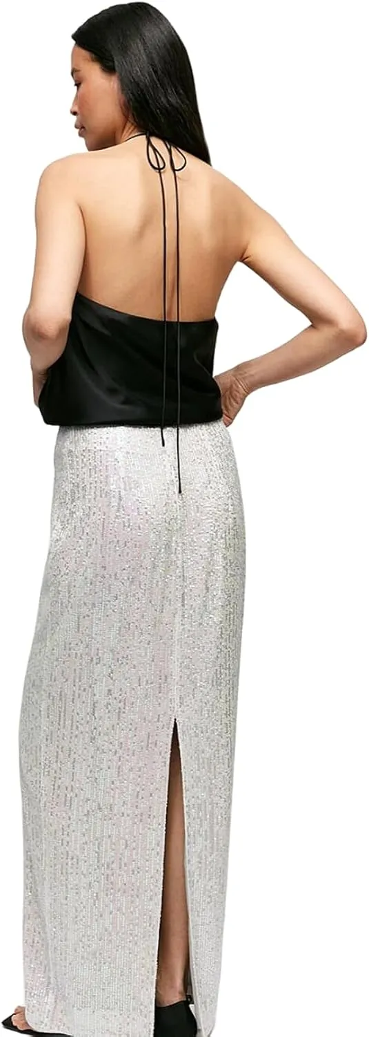 JUMISEE Womens Silver Sequin Midi Skirt Stretchy High Waist Long Skirt Glitter Pencil Skirt for Night Out Party