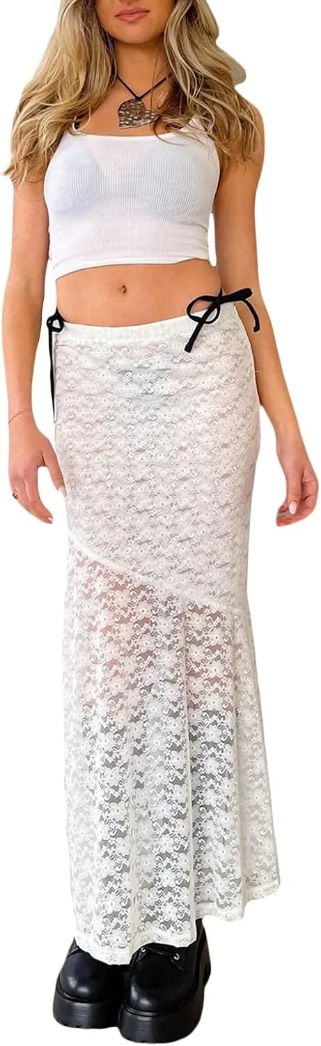 KMBANGI Womens Mesh Lace Long Skirt Asymmetrical Layered Ruffle Maxi Skirts Flowy Y2k See Through Midi Skirt Summer