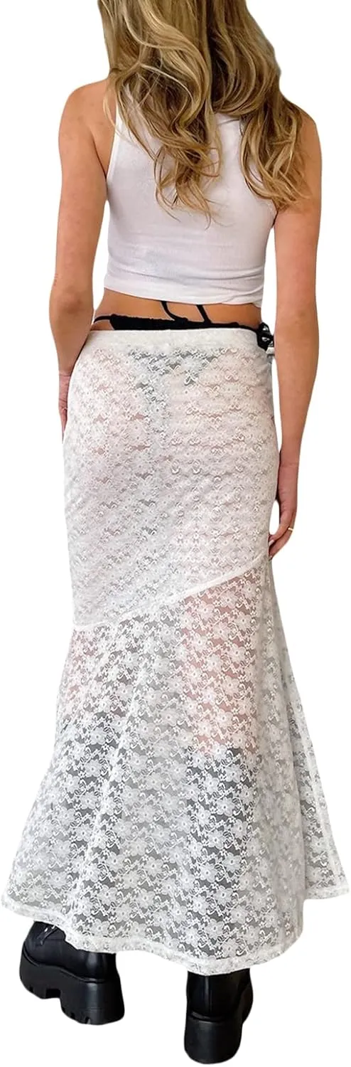 KMBANGI Womens Mesh Lace Long Skirt Asymmetrical Layered Ruffle Maxi Skirts Flowy Y2k See Through Midi Skirt Summer