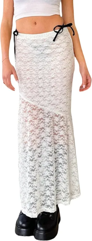 KMBANGI Womens Mesh Lace Long Skirt Asymmetrical Layered Ruffle Maxi Skirts Flowy Y2k See Through Midi Skirt Summer
