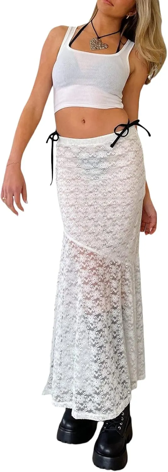 KMBANGI Womens Mesh Lace Long Skirt Asymmetrical Layered Ruffle Maxi Skirts Flowy Y2k See Through Midi Skirt Summer