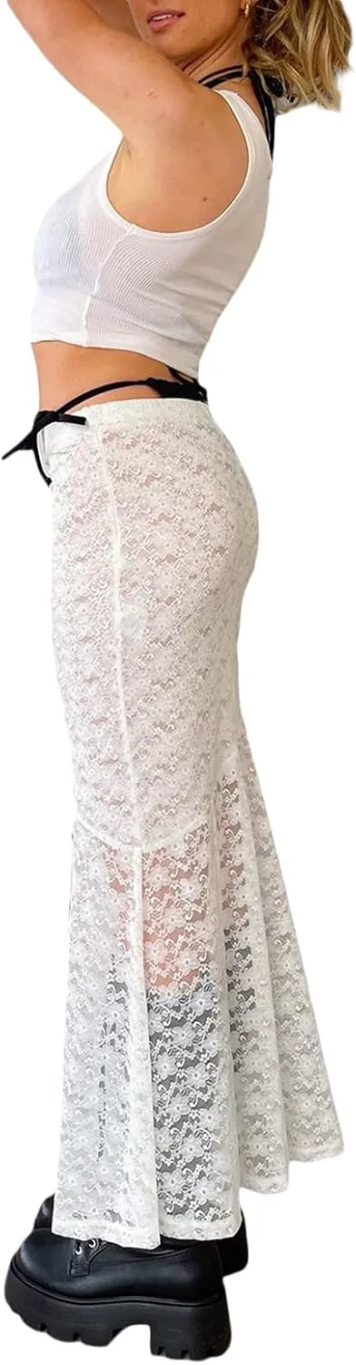 KMBANGI Womens Mesh Lace Long Skirt Asymmetrical Layered Ruffle Maxi Skirts Flowy Y2k See Through Midi Skirt Summer