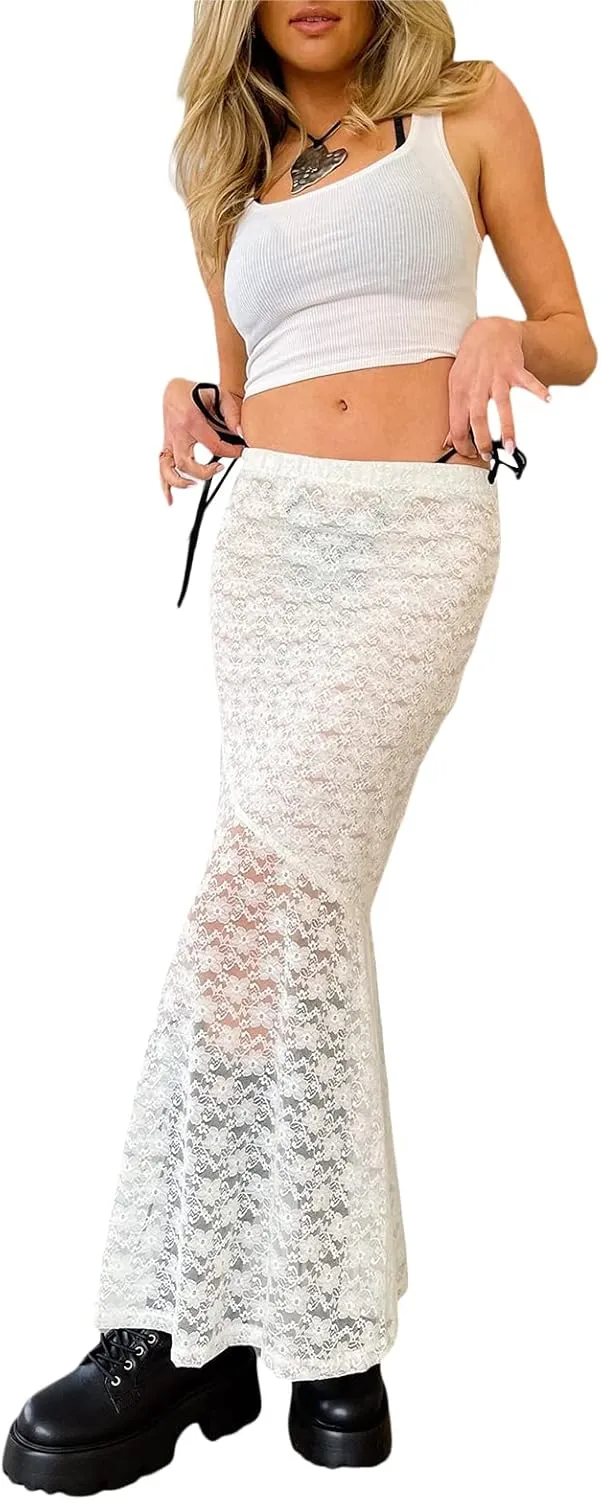 KMBANGI Womens Mesh Lace Long Skirt Asymmetrical Layered Ruffle Maxi Skirts Flowy Y2k See Through Midi Skirt Summer