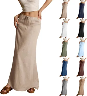 Linen Maxi Skirts for Women Summer Trendy Drawstring Waisted Comfy A Line Long Skirt Boho Flowy Vacation Beach Skirt