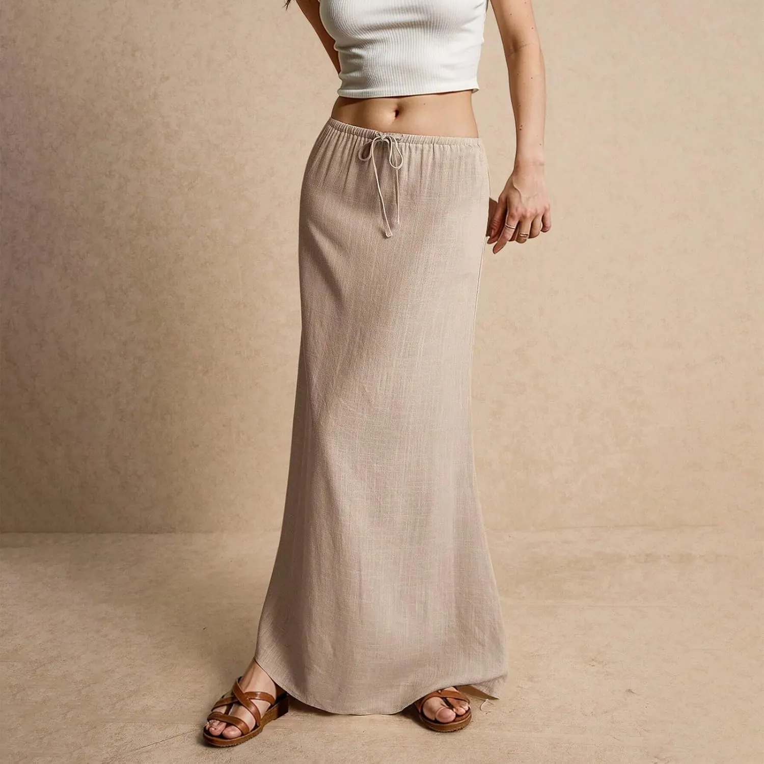 Linen Maxi Skirts for Women Summer Trendy Drawstring Waisted Comfy A Line Long Skirt Boho Flowy Vacation Beach Skirt