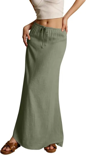 Linen Maxi Skirts for Women Summer Trendy Drawstring Waisted Comfy A Line Long Skirt Boho Flowy Vacation Beach Skirt