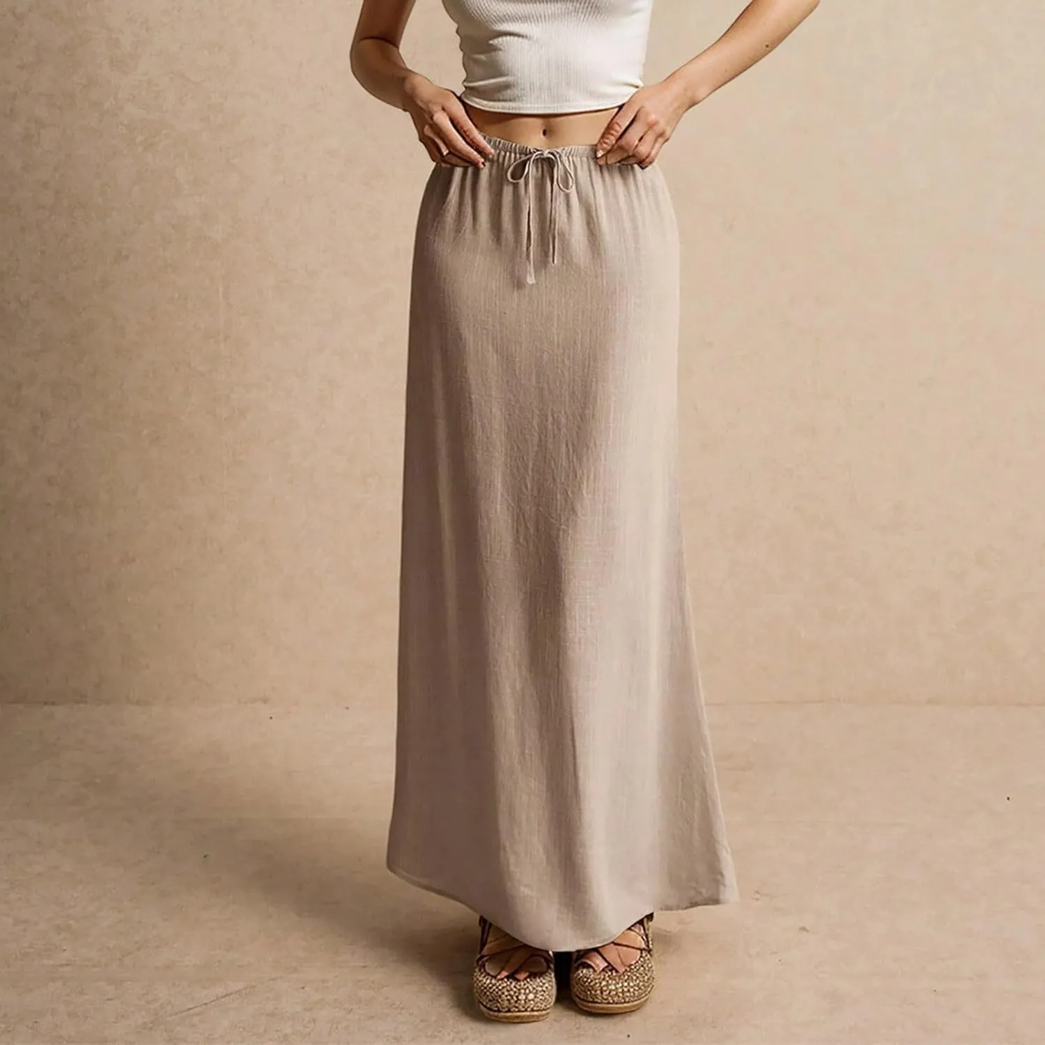 Linen Maxi Skirts for Women Summer Trendy Drawstring Waisted Comfy A Line Long Skirt Boho Flowy Vacation Beach Skirt