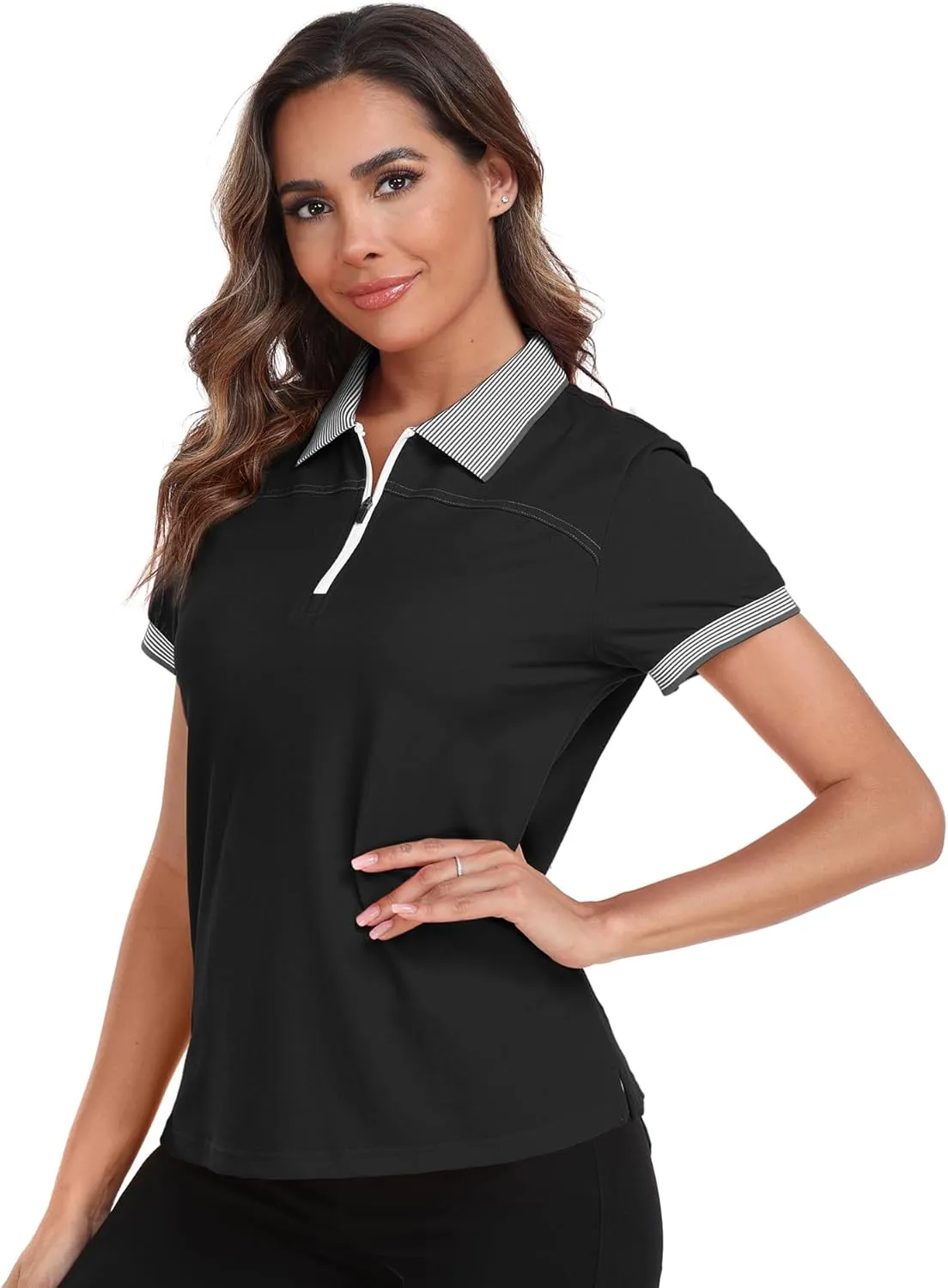 Little Beauty Women's Zipper Golf Polo Shirts Short Sleeve Athletic Shirt with Collar Moisture Wicking