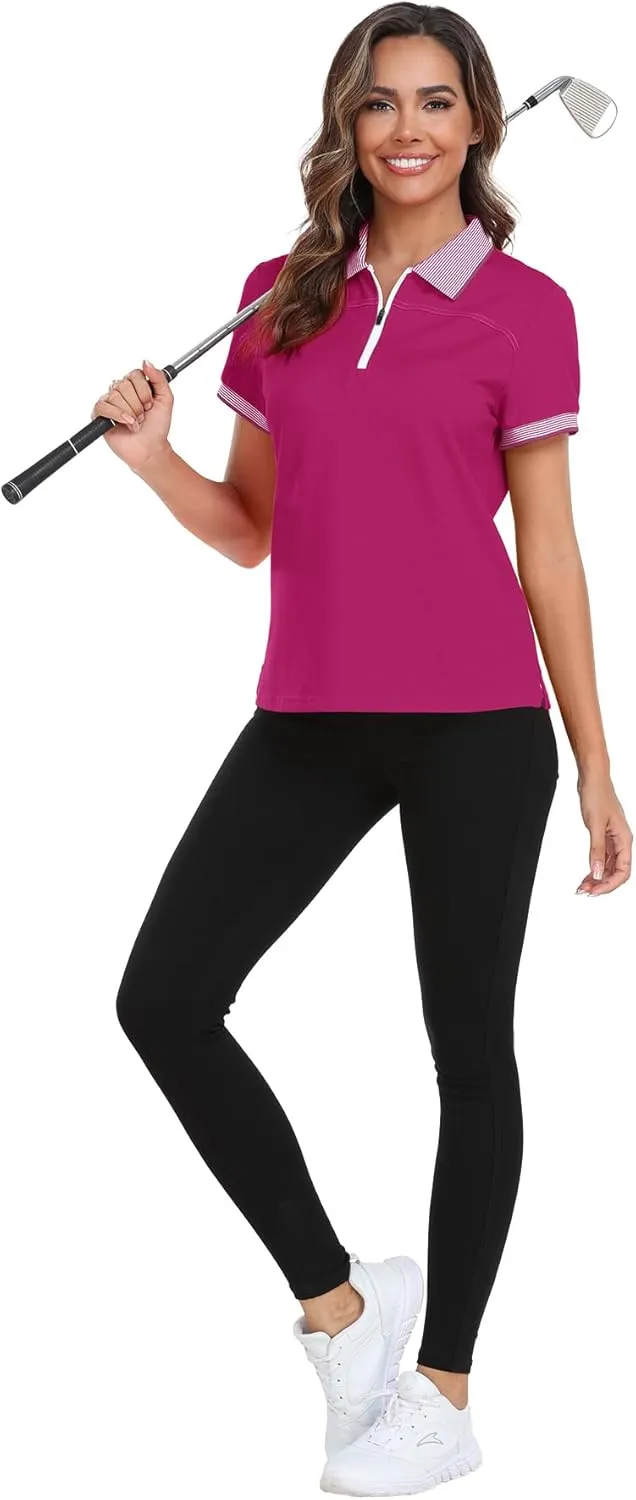 Little Beauty Women's Zipper Golf Polo Shirts Short Sleeve Athletic Shirt with Collar Moisture Wicking