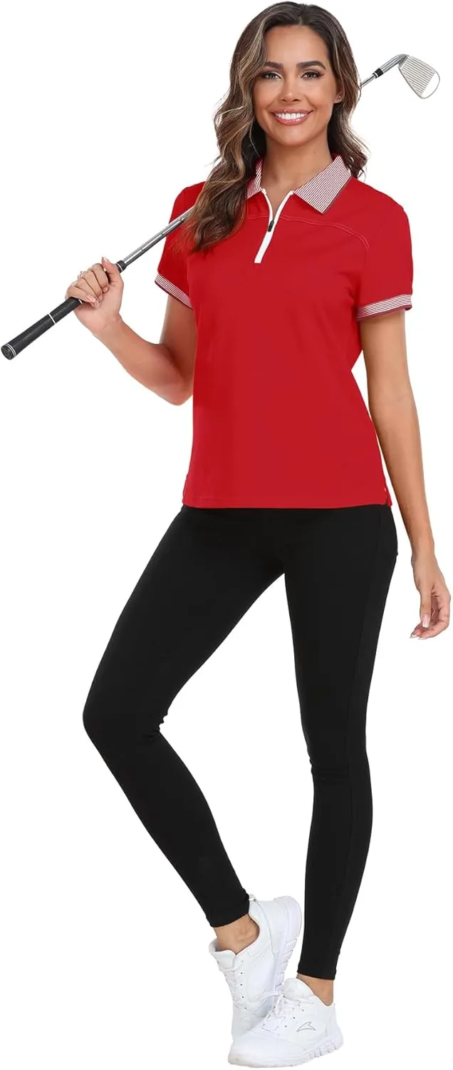 Little Beauty Women's Zipper Golf Polo Shirts Short Sleeve Athletic Shirt with Collar Moisture Wicking