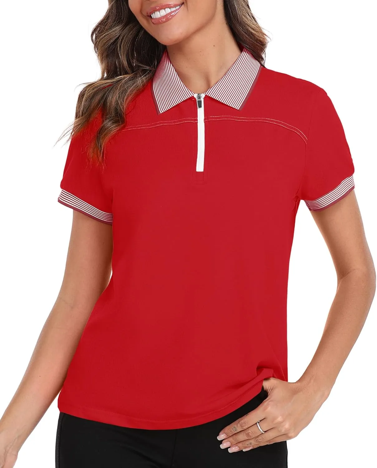 Little Beauty Women's Zipper Golf Polo Shirts Short Sleeve Athletic Shirt with Collar Moisture Wicking