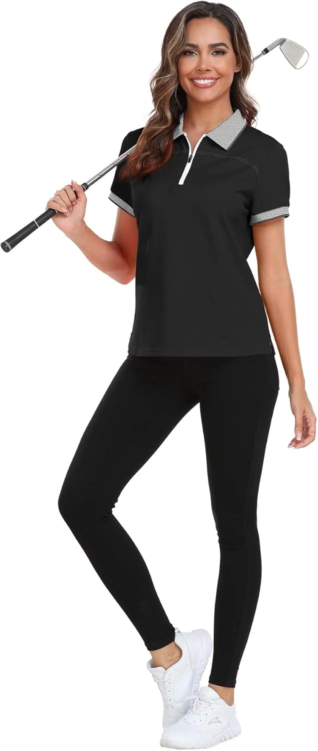 Little Beauty Women's Zipper Golf Polo Shirts Short Sleeve Athletic Shirt with Collar Moisture Wicking