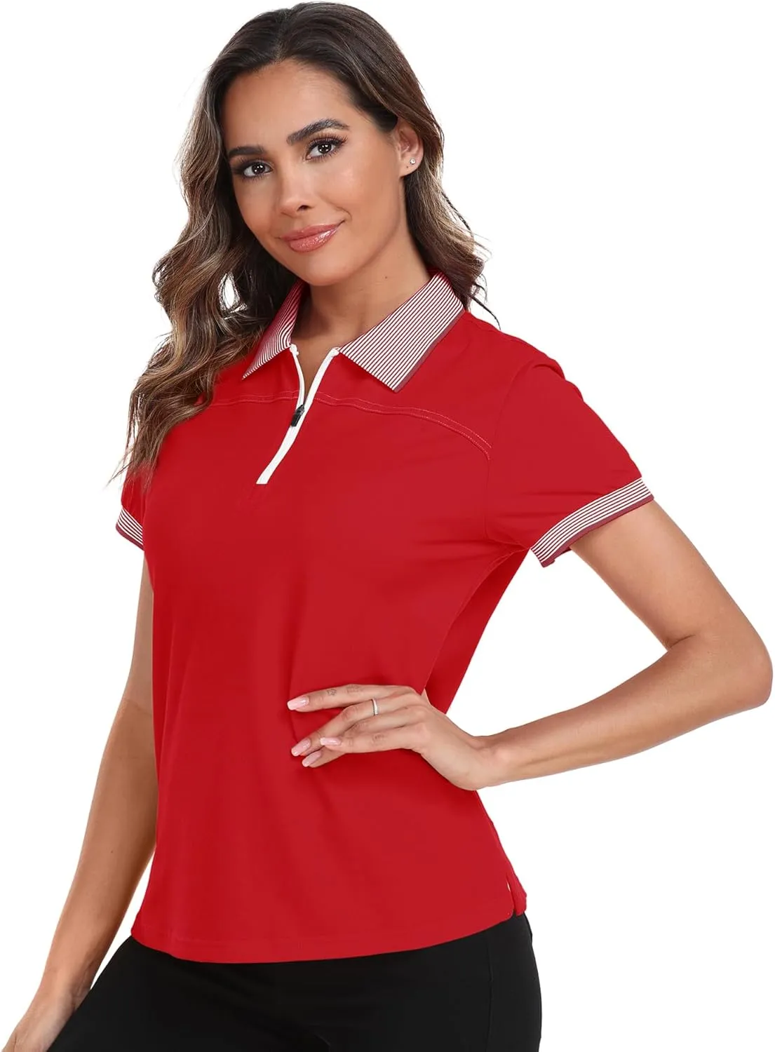 Little Beauty Women's Zipper Golf Polo Shirts Short Sleeve Athletic Shirt with Collar Moisture Wicking