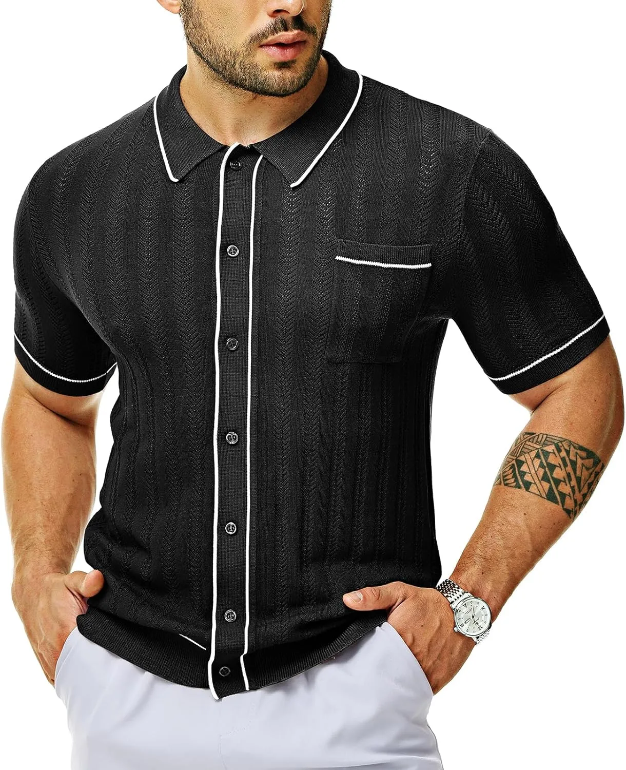 Men's Short Sleeve Breathable Knit Polo Shirt Hollow Out Button Down Knitwear