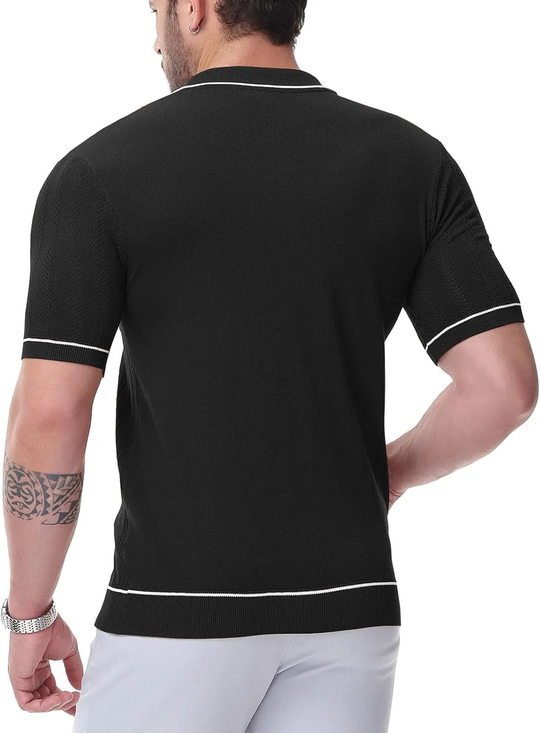 Men's Short Sleeve Breathable Knit Polo Shirt Hollow Out Button Down Knitwear