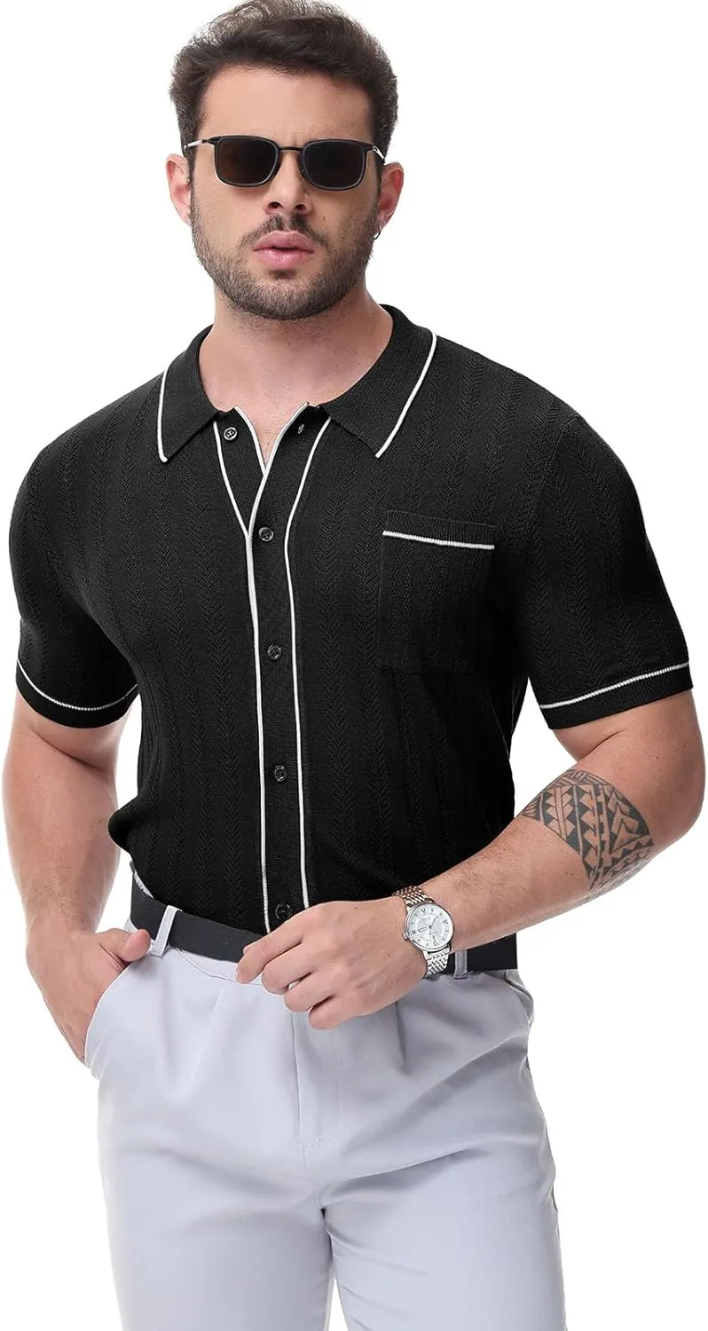 Men's Short Sleeve Breathable Knit Polo Shirt Hollow Out Button Down Knitwear