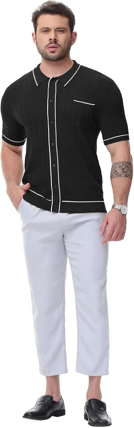 Men's Short Sleeve Breathable Knit Polo Shirt Hollow Out Button Down Knitwear
