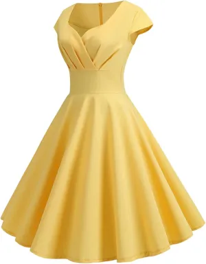 NaRHbrg Women's 1950s Vintage Dress Wrap V Neck Cap Sleeve Dress Retro Cocktail Party Swing Dresses A-Line Flared Midi Dress